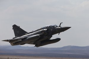 In this Wednesday, Nov. 8, 2017 file photo, a French Mirage 2000D jet fighter takes off from Ovda airbase near Eilat, southern Israel, during the 2017 Blue Flag exercise.