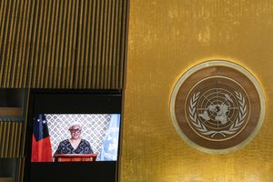 Samoa's Prime Minister Fiame Naomi Mataafa remotely addresses the 76th Session of the U.N. General Assembly at United Nations headquarters in New York, on Saturday, Sept. 25, 2021