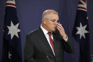 Australia's Prime Minister Scott Morrison speaks at a press conference in Sydney, Australia on April 27, 2021