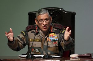 FILE- Indian Army Chief Bipin Rawat speaks during a press conference in New Delhi, India, Jan.12, 2018.