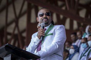 Ethiopia's Prime Minister Abiy Ahmed speaks at a final campaign rally at a stadium in the town of Jimma in the southwestern Oromia Region of Ethiopia Wednesday, June 16, 2021.