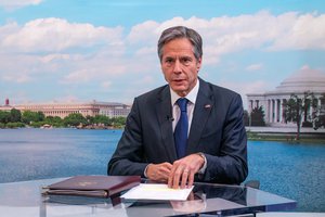 Secretary of State Antony J. Blinken holds a virtual Town Hall meeting with Department employees, from the U.S. Department of State in Washington, D.C. on May 14, 2021.