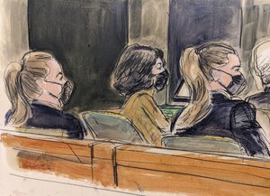 This courtroom sketch shows Ghislaine Maxwell, center, seated in court at defense table between two US Marshals seated in foreground, watching proceedings in her sex abuse trial in New York, Friday Dec. 10, 2021.