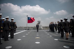 Tsai Ing-wen boards Panshi Fast Combat Support Ship during a visit at Zuoying Naval base in Kaohsiung, Taiwan