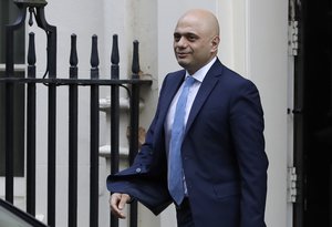 Britain's Chancellor Sajid Javid leaves 11 Downing Street to attend the weekly session of Prime Ministers Questions in Parliament in London, Wednesday, Jan. 29, 2020.