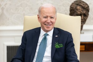 President Joe Biden participates in a virtual bilateral meeting with Irish Prime Minister (Taoiseach) Micheál Martin Wednesday, March 17, 2021, in the Oval Office of the White House.