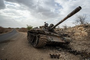 In this Saturday, May 1, 2021 file photo, a destroyed tank is seen by the side of the road south of Humera, in an area of western Tigray then annexed by the Amhara region during the ongoing conflict, in Ethiopia