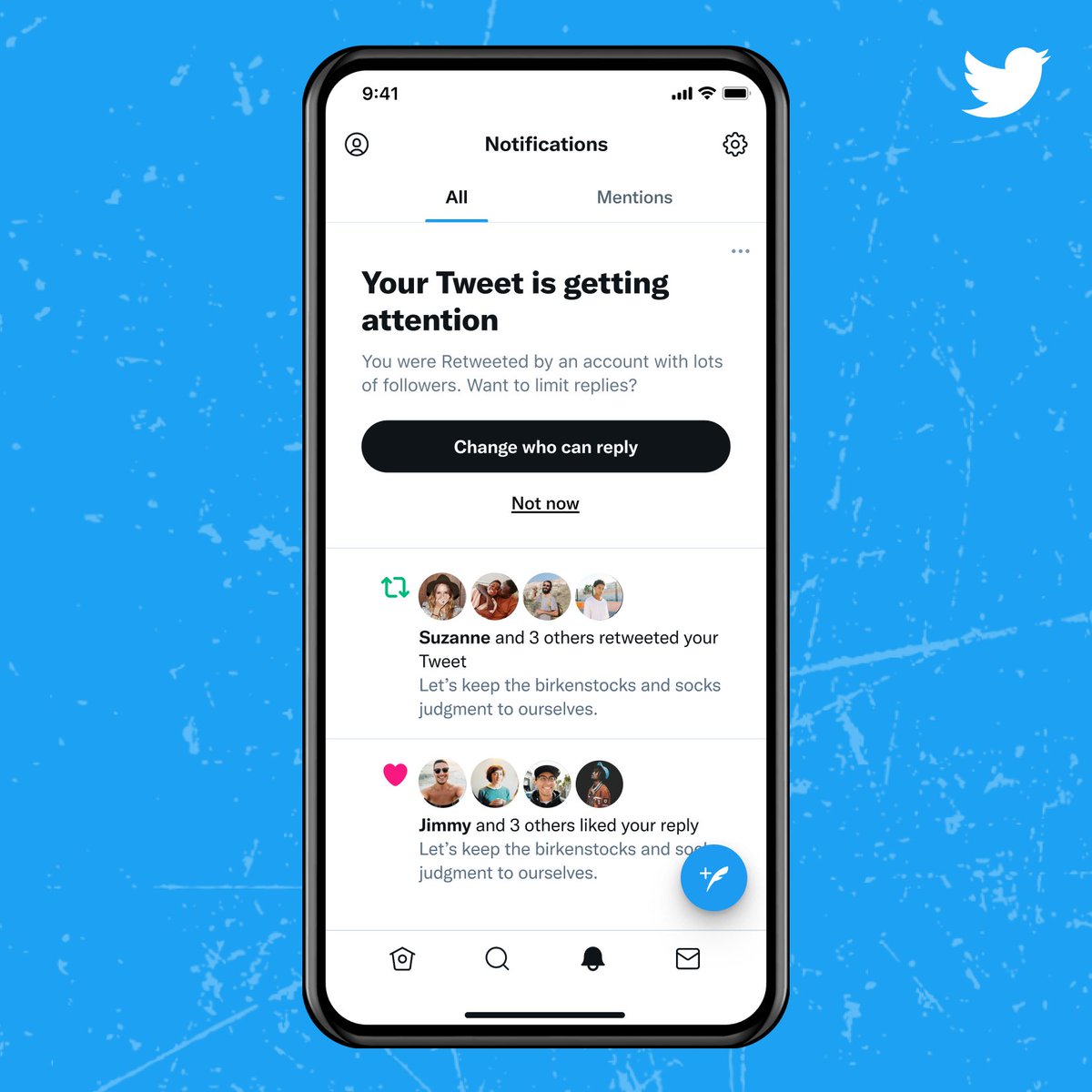 The Notification tab on the app. On the “All” tab, there’s a prompt at the top with the headline, “Your Tweet is getting attention”. Below that it reads, “You were Retweeted by an account with lots of followers. Want to limit replies?” There is a button to “Change who can reply” and a “Not now” button to dismiss the prompt.