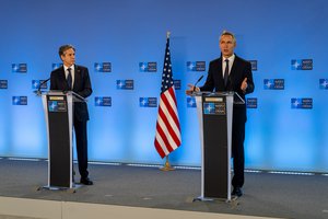 Secretary of State Antony J. Blinken meets with NATO Secretary General Jens Stoltenberg, in Brussels, Belgium on April 14, 2021