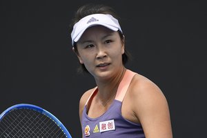 China's Peng Shuai reacts during her first round singles match against Japan's Nao Hibino at the Australian Open tennis championship in Melbourne, Australia, Tuesday, Jan. 21, 2020