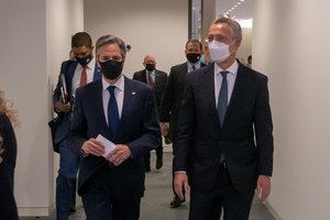 Secretary of State Antony J. Blinken meets with NATO Secretary General Jens Stoltenberg, in Brussels, Belgium on April 14, 2021