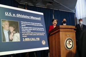 Audrey Strauss, Acting United States Attorney for the Southern District of New York, center, speaks alongside William F. Sweeney Jr., Assistant Director-in-Charge of the New York Office of the Federal Bureau of Investigation, center right, and New York City Police Commissioner Dermot Shea, right, during a news conference to announce charges against Ghislaine Maxwell for her alleged role in the sexual exploitation and abuse of multiple minor girls by Jeffrey Epstein, Thursday, July 2, 2020, in New York.