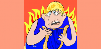 Cartoon shows Boris Johnson as emperor Nero playing the lyre while the world burns