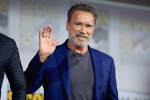 Arnold Schwarzenegger speaking at the 2019 San Diego Comic Con International, for "Terminator: Dark Fate", at the San Diego Convention Center in San Diego, California