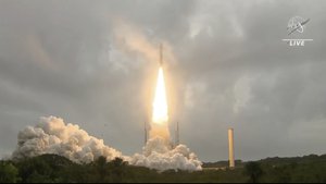 In this image released by NASA, Arianespace's Ariane 5 rocket with NASA's James Webb Space Telescope onboard, lifts off Saturday, Dec. 25, 2021, at Europe's Spaceport, the Guiana Space Center in Kourou, French Guiana. The $10 billion infrared observatory is intended as the successor to the aging Hubble Space Telescope