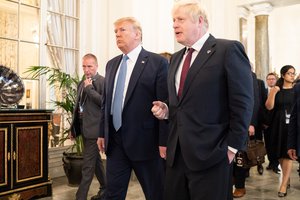 Donald J. Trump and Boris Johnson continue to talk at the conclusion of their working breakfast meeting Sunday, Aug. 25, 2019