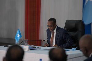 The Prime Minister of Somalia, Mohamed Hussein Roble, addresses participants during the 2020 Somalia Partnership Forum (SPF), held in Mogadishu, Somalia, on 7 December 2020.