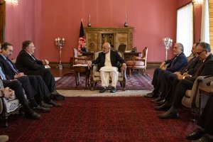 File - U.S. Secretary of State Michael R. Pompeo meets with Afghan President Ashraf Ghani, former Afghan President Hamid Karzai and Chief Executive Abdullah Abdullah in Kabul, Afghanistan on June 25, 2019.