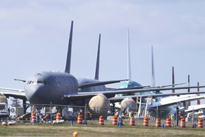 FILE - In this April 7, 2020, file photo, U.S. Air Force KC-46 tankers being built by Boeing sit parked at the Paine Field airport in Everett, Wash.