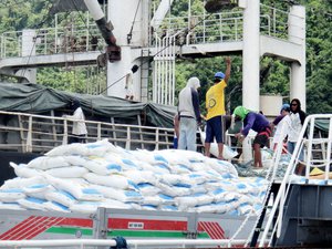 Sacks of fertilisers being unloaded from a ship to a vehicle. Taken on August 2018.