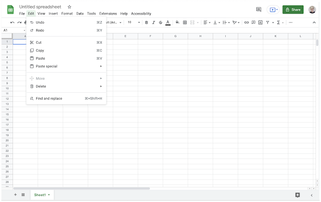 Example of updated menu in Google Sheets