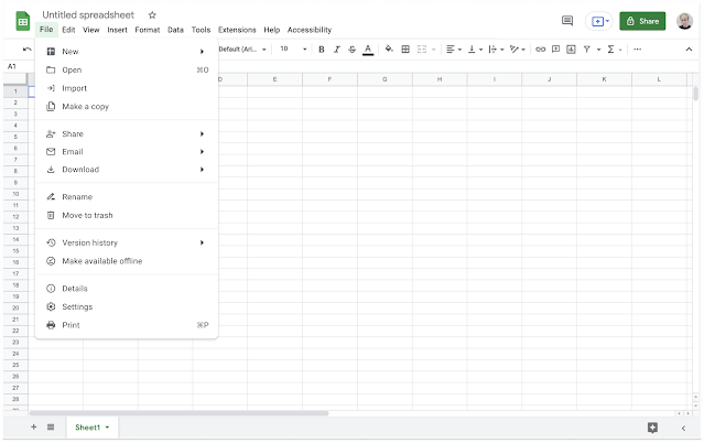 Example of updated menu in Google Sheets