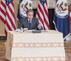 Secretary of State Antony J. Blinken meets virtually with UN Under-Secretary-General for Humanitarian Affairs and Emergency Relief Coordinator Martin Griffiths and President of the International Committee of the Red Cross Peter Maurer from the U.S. Department of State in Washington, D.C., on January 14, 2022.