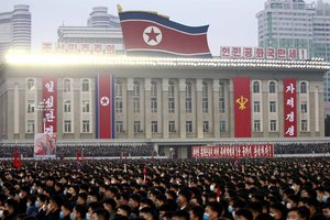 File - Citizens participate in the Pyongyang City rally to pledge to thoroughly carry out the decision of the 4th Plenary Meeting of the 8th Central Committee of the Workers’ Party of Korea on the Kim Il Sung Square in Pyongyang, DPRK, on Wednesday, January 5, 2022.