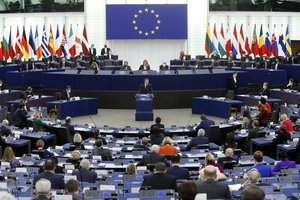 French President Emmanuel Macron delivers a speech at the European Parliament Wednesday, Jan. 19, 2022 in Strasbourg, eastern France.