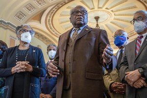 From left, Rep. Joyce Beatty, D-Ohio, Rep. Steven Horsford, D-Nev. House Majority Whip Jim Clyburn, D-S.C., Rep. Bennie Thompson, D-Miss., and Rep. Bobby Scott, D-Va., alongside other members of the Congressional Black Caucus, speak in front of the senate chambers about their support of voting rights legislation at the Capitol in Washington, Wednesday, Jan. 19, 2022.