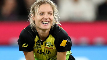 MELBOURNE, AUSTRALIA - MARCH 08: Nicola Carey of Australia smiles during the ICC Women’s T20 Cricket World Cup Final match between India and Australia at the Melbourne Cricket Ground on March 08, 2020 in Melbourne, Australia. (Photo by Cameron Spencer/Getty Images)