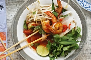 Tom-yum-ish tomato, prawn and lemongrass laksa.