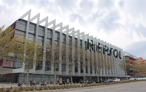 North-east facade of REPSOL headquarters in Arganzuela district in Madrid (Spain). Building designed by Rafael de La-Hoz Castanys and completed in 2013