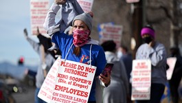Amanda Solano and other members of United Food and Commercial Workers Local 7 gathered for a rally in Glendale, Colorado, on January 13, 2022, during the strike against King Soopers.