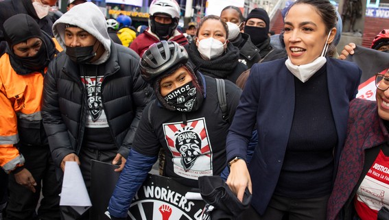 Rep. Alexandria Ocasio-Cortez with delivery workers