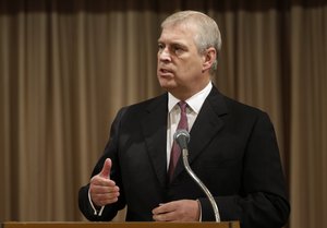 Britain's Prince Andrew, the Duke of York, speaks during the opening session of the Japan-UK security cooperation conference in Tokyo, Monday, Sept. 30, 2013.