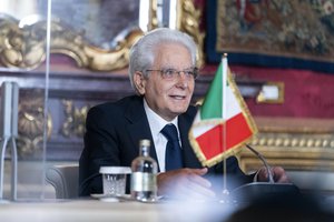 Italian President Sergio Mattarella speaks during a meeting with Secretary of State Antony Blinken at Quirinale Palace in Rome, Monday, June 28, 2021. Blinken is on a week long trip in Europe traveling to Germany, France and Italy