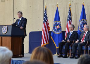 Director Christopher Wray addresses the audience during his formal installation ceremony at FBI Headquarters on September 28, 2017