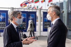 Secretary of State Antony J. Blinken arrives at NATO and is greeted by NATO Secretary General Jens Stoltenberg, in Brussels, Belgium on March 23, 202