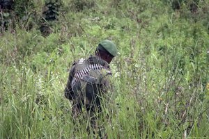 A member of the Congolese military searches an area leading to where bodies were found near to where a U.N. convoy was attacked and the Italian ambassador to Congo