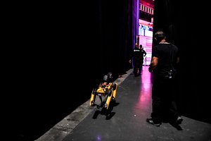 7 November 2019; SpotMini, Boston Dynamics, Robot, prior to going on Centre Stage during the final day of Web Summit 2019 at the Altice Arena in Lisbon, Portugal