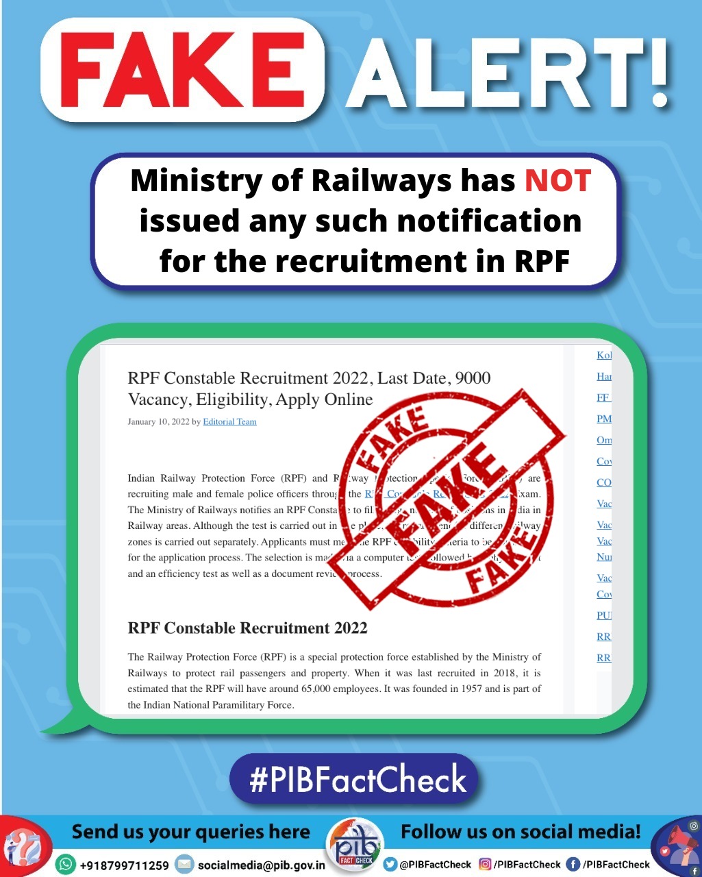 A stamp of word FAKE on a message claims that some websites have published a notice claiming that the Indian Railway Protection Force (RPF) is recruiting through the RPF Constable Recruitment 2022 Exam.
