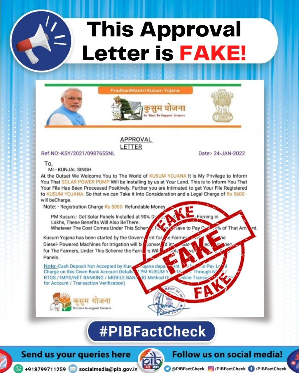 Stamp of word fake on an approval letter which claims to be issued by Ministry of New and Renewable Energy and is seeking 5600 rupees as a legal charge to install solar pumps. The headline read "This Approval Letter is Fake" 