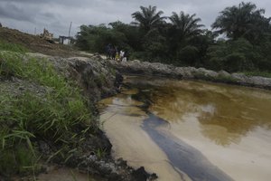 Workers are seen at  the site of an oil spills in Dieo K-dere, during a cleaning up excise in  in Nigeria Delta Saturday, Oct. 9, 2021.