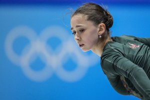 Kamila Valieva, of the Russian Olympic Committee, trains at the 2022 Winter Olympics, Monday, Feb. 14, 2022, in Beijing.