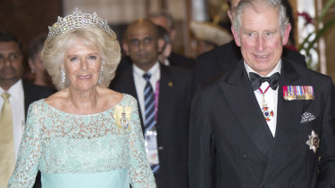 Camilla, Duchess of Cornwall wearing the Grevillle tiara on a visit to Sri Lanka.