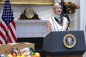 President Donald J. Trump listens as Advisor to the President Ivanka Trump deliver remarks on supporting our Nation’s farmers, ranchers, and the food supply chain Tuesday, May 19, 2020, in the Roosevelt Room of the White House