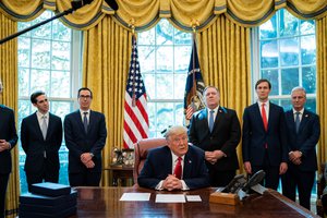 President Donald J. Trump meets with reporters to announce that Israel and Sudan have agreed to normalize relations Friday, Oct. 23, 2020, in the Oval Office of the White House.