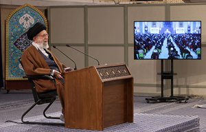 In this photo released by the official website of the office of the Iranian supreme leader, Supreme Leader Ayatollah Ali Khamenei speaks during a televised video conference with an audience in the city of Tabriz commemorating the 1979 Islamic Revolution, in Tehran, Iran, Thursday, Feb. 17, 2022. Khamenei vowed that his country would ramp up development of its civilian nuclear energy program, as major world powers continued delicate talks in Vienna to revive Tehran’s landmark nuclear deal.