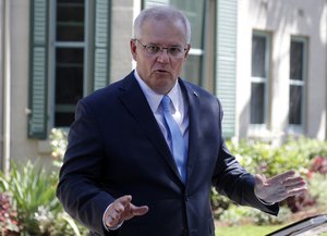 Australia's Prime Minister Scott Morrison speaks to the media in Sydney, Monday, March 1, 2021.